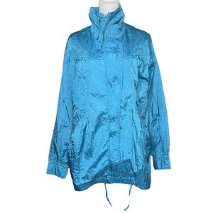 Totes Vintage Raincoat S Jacket Nylon Teal Blue Shiny Drawstring High Neck Zip